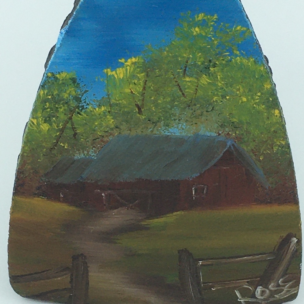 Antique Iron Hand Painted Oil Painting Rustic Farm Red Barn Signed Art Rose Mini - Picture 9 of 13